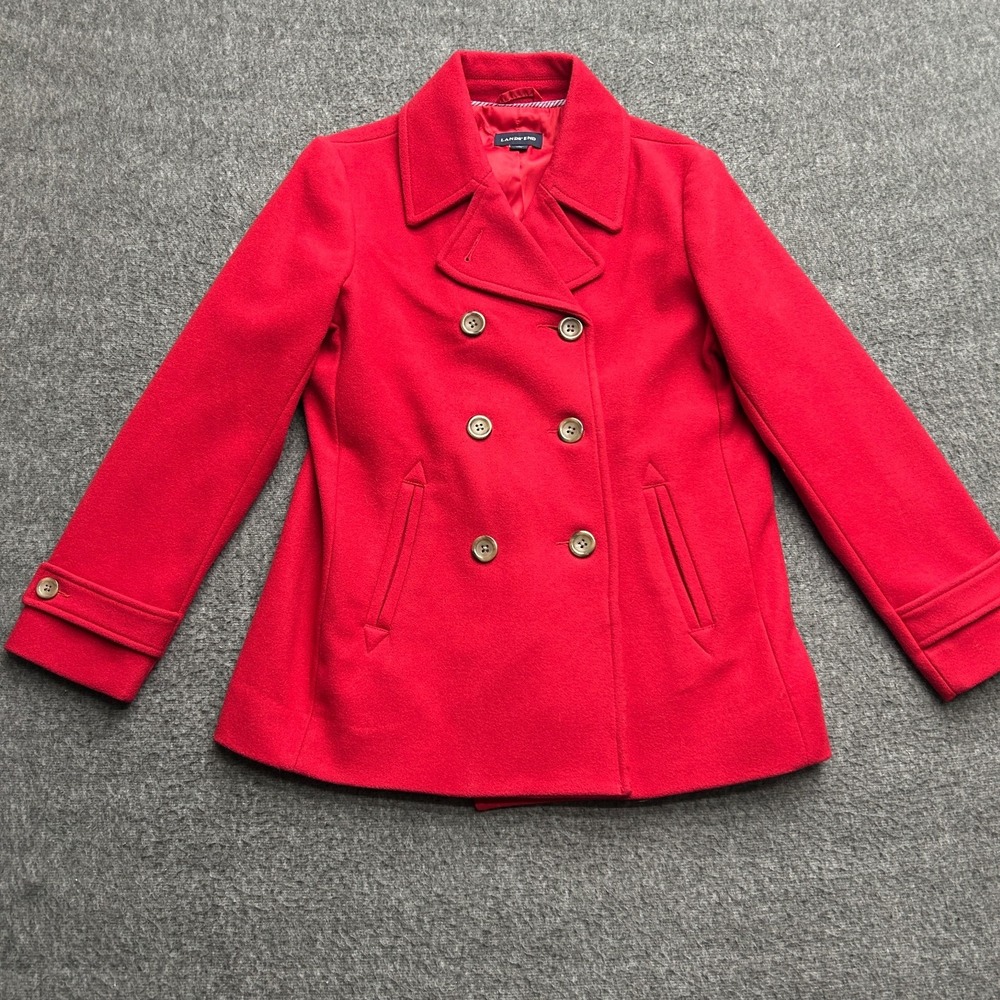 Lands End Red‎ Wool Coat Double Breasted Pea Coat Womens Size 10P Overcoat